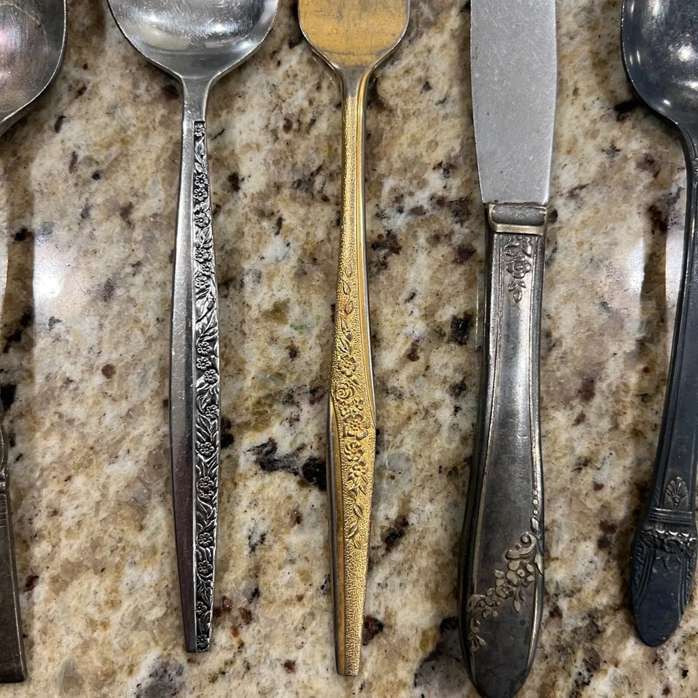 Vintage Mismatched Flatware Lot 8pc someSilverplate Gold Tone Floral Spoons Fork